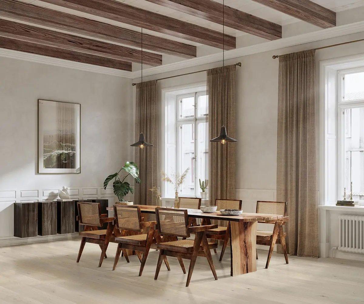 Woodhills Aaron Blonde Oak Wood Semi Gloss Quarter Round Look Moldings 0.64x0.75 in a finished room