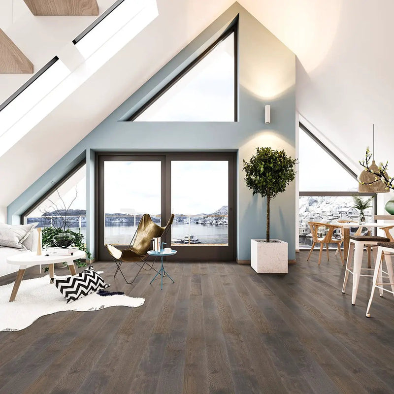 Woodhills Estate Oak Wood Semi Gloss Quarter Round Look Moldings 0.64x0.75 in a finished room
