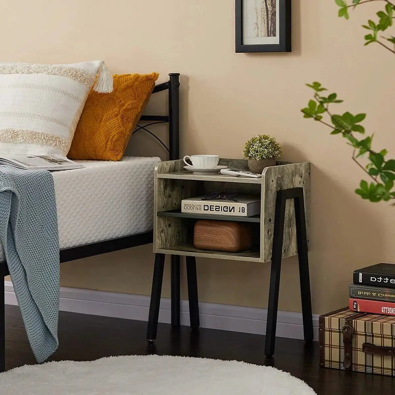 Set of 2 Modern Industrial Grey Wood Black Metal Side Table Nightstand End Table by HomePacific