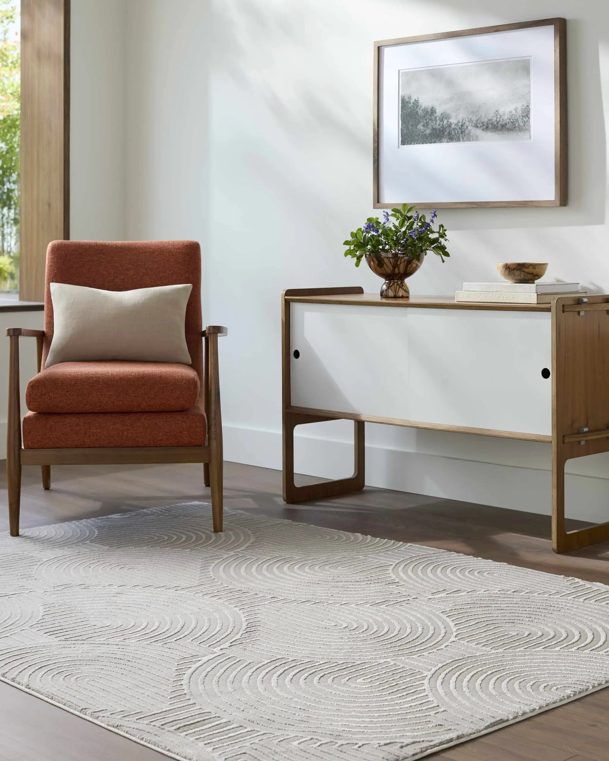Aucoin Taupe 3D Rainbow Washable Area Rug, installed in a room