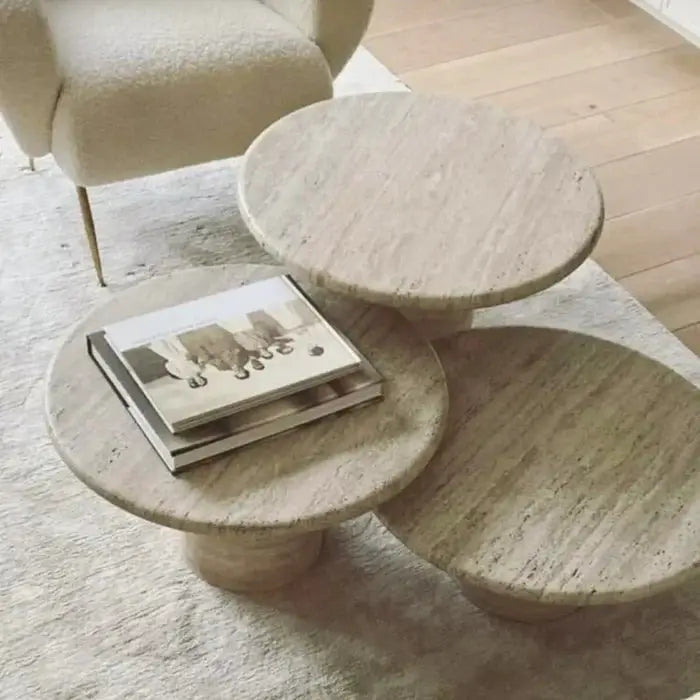 Valencia Travertine Vein-cut Coffee Table Polished Round Set of 3 by GobekDesign
