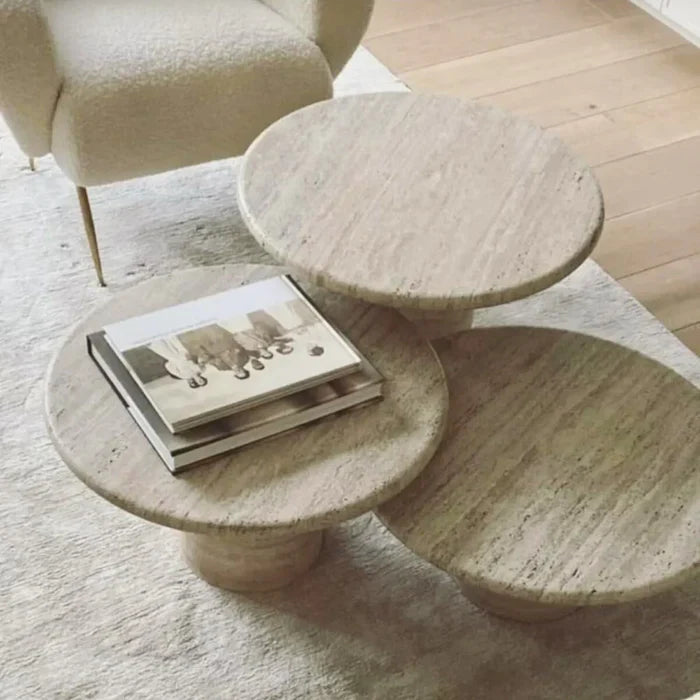 Valencia Travertine Coffee Table Vein-cut Round Set of 3 Polished by GobekDesign