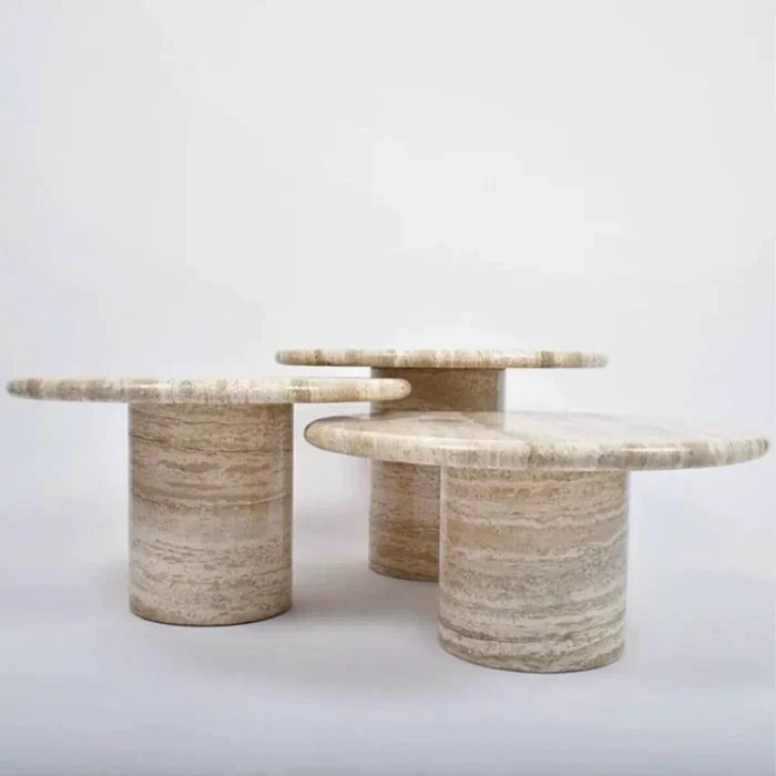 Valencia Travertine Coffee Table Vein-cut Round Set of 3 Polished by GobekDesign