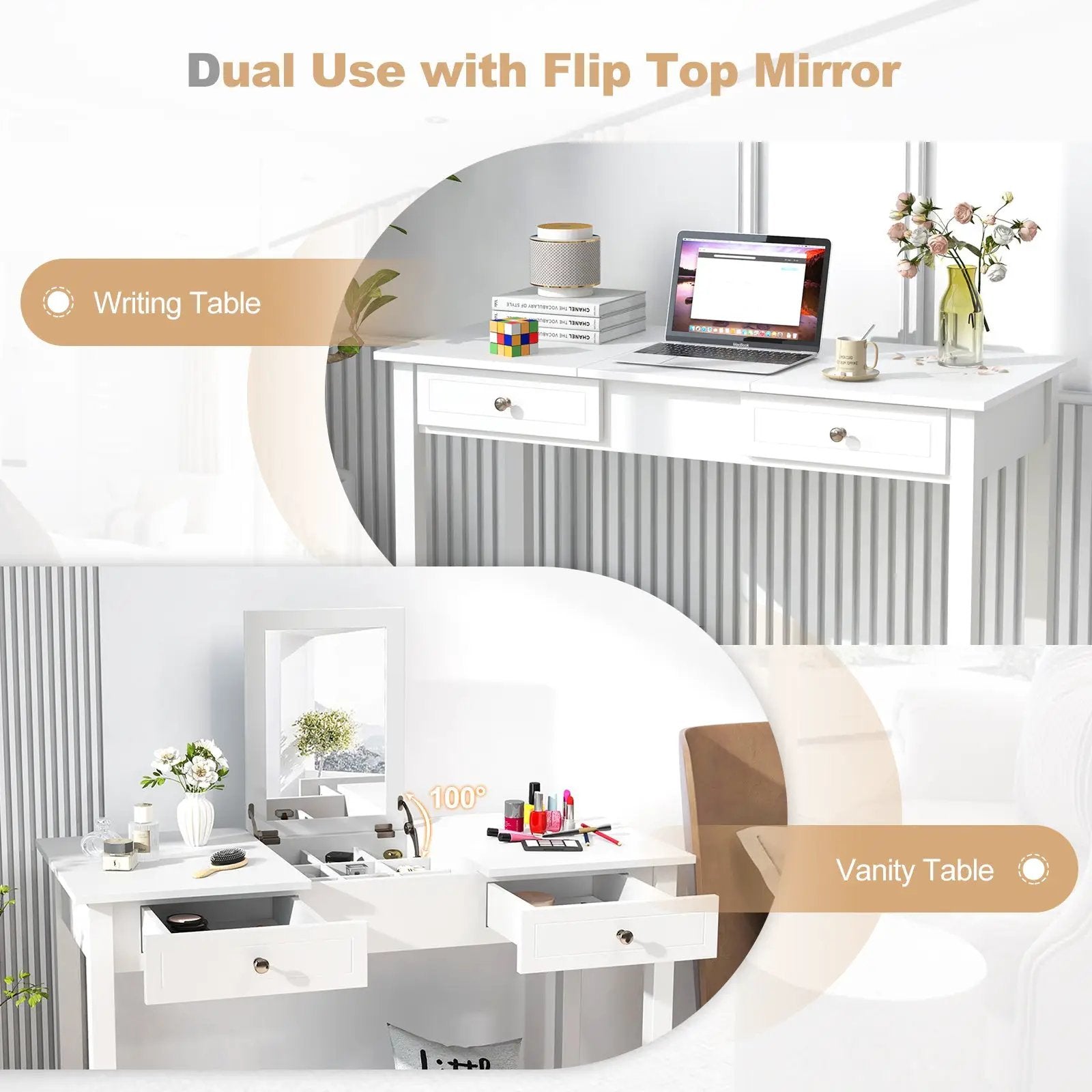 Vanity Desk Makeup Dressing Table with Flip Top Mirror and Drawers-White by DirectDeals