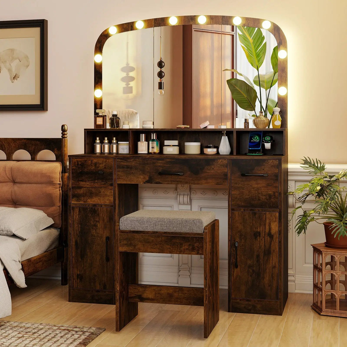 Vanity Desk Makeup Table with Stool 3-Color Lights and Charging Station, photo 14 of 16
