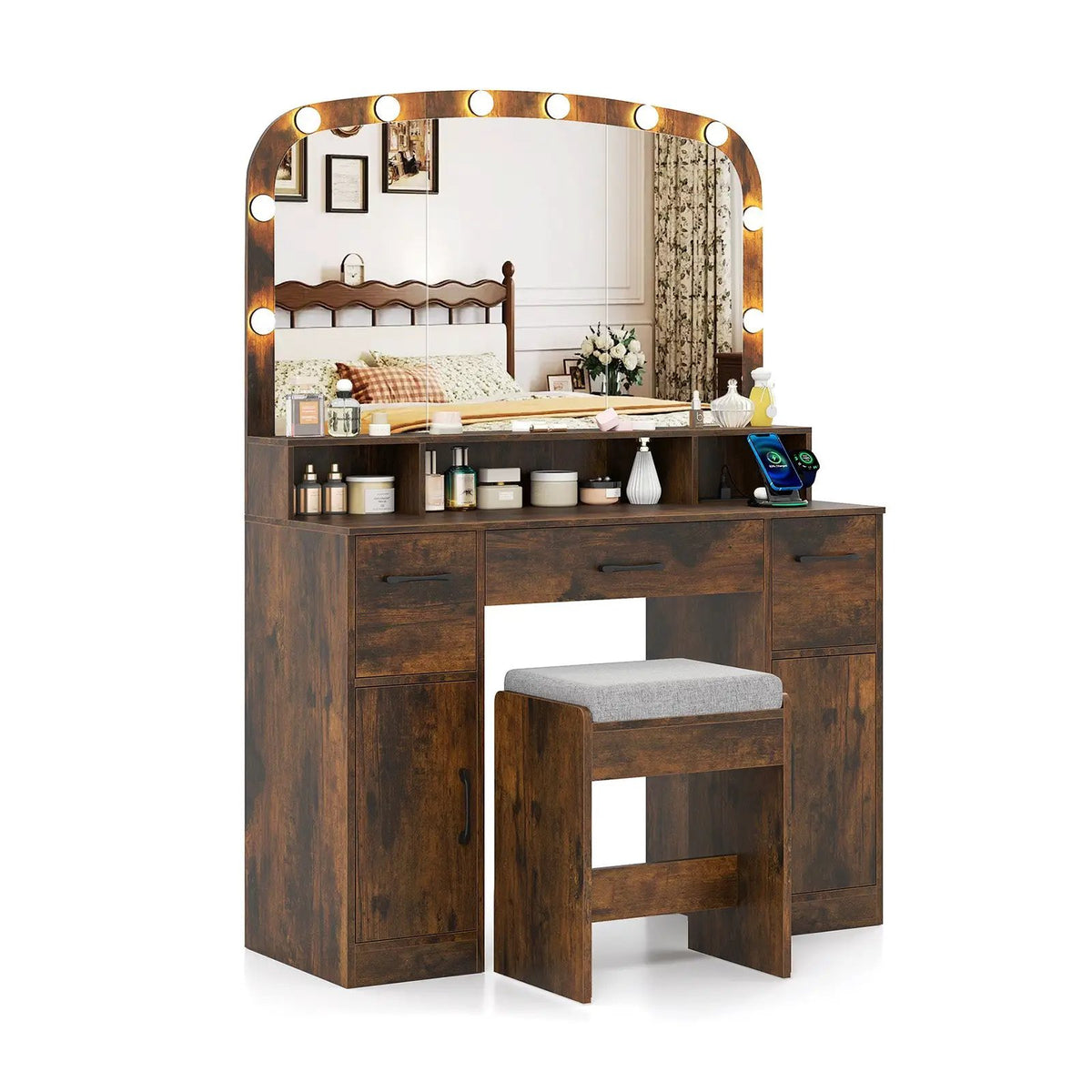 Vanity Desk Makeup Table with Stool 3-Color Lights and Charging Station, photo 12 of 16