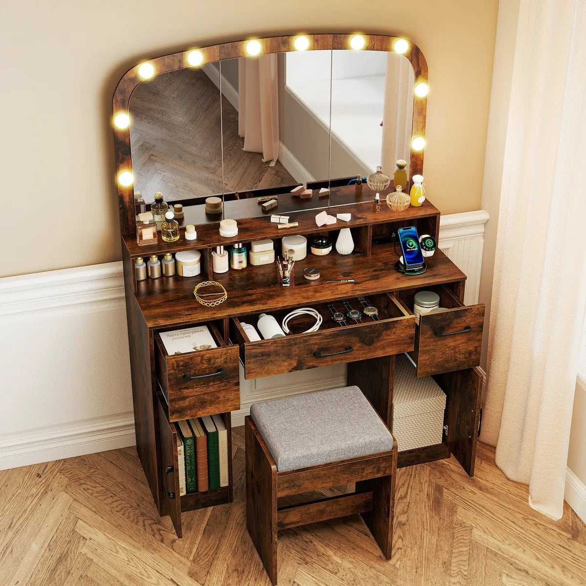 Vanity Desk Makeup Table with Stool 3-Color Lights and Charging Station, photo 6 of 16