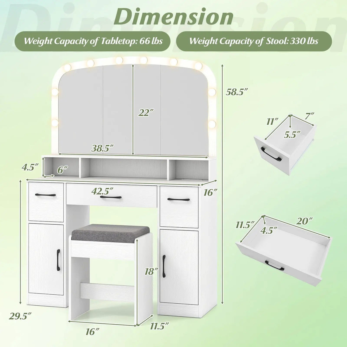 Vanity Desk Makeup Table with Stool 3-Color Lights and Charging Station, photo 7 of 16