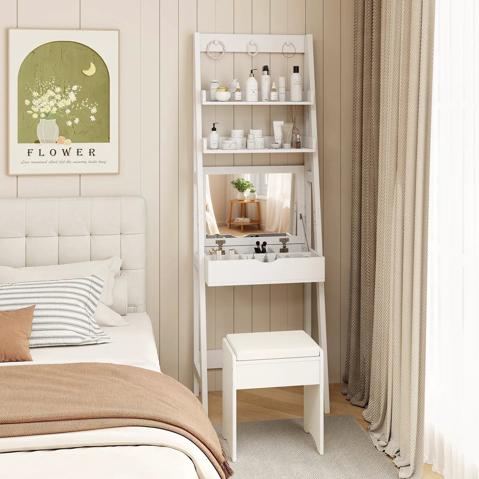 Vanity Desk Set with Flip Top Mirror Hidden Storage Compartments and Cushioned Stool-White by DirectDeals