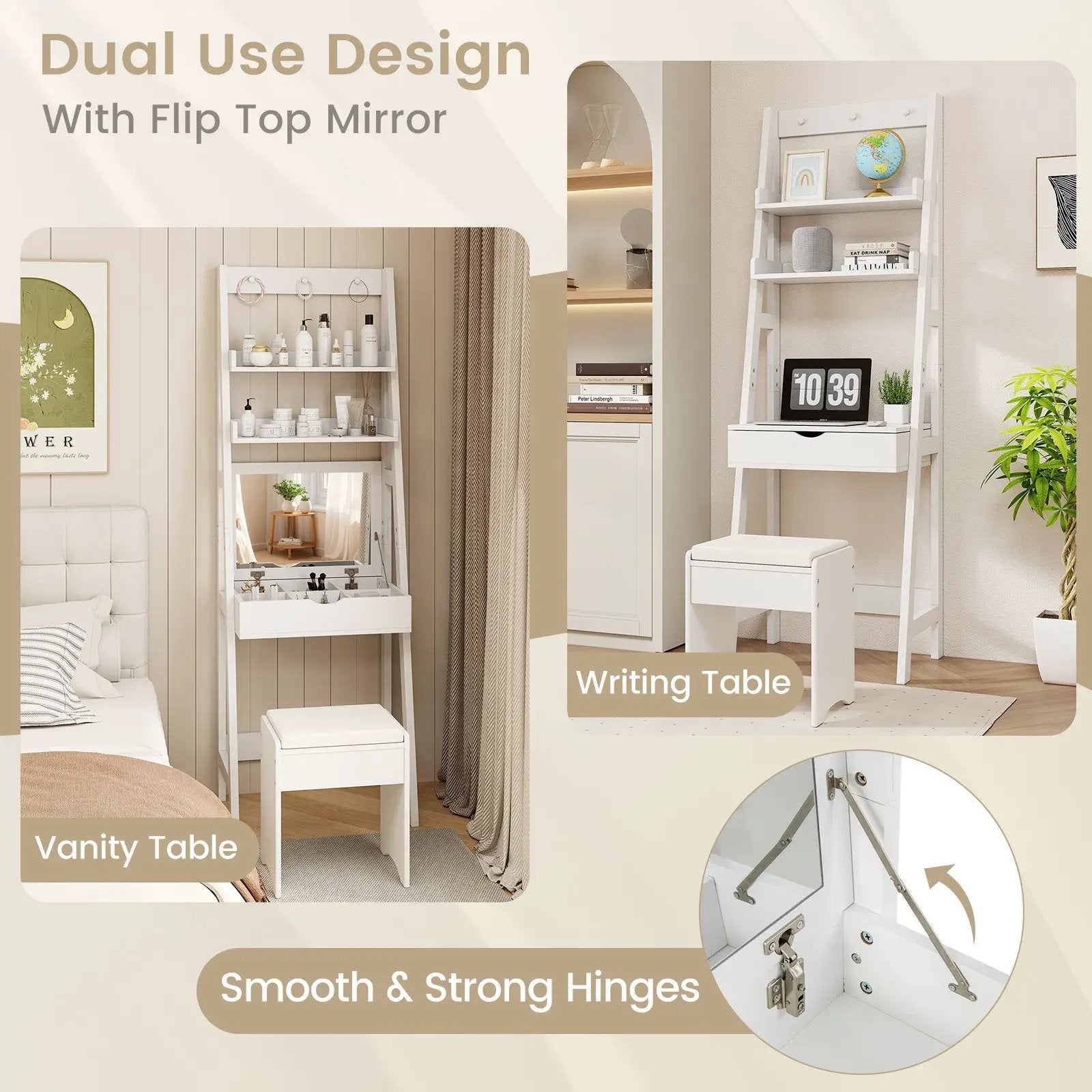 Vanity Desk Set with Flip Top Mirror Hidden Storage Compartments and Cushioned Stool-White by DirectDeals