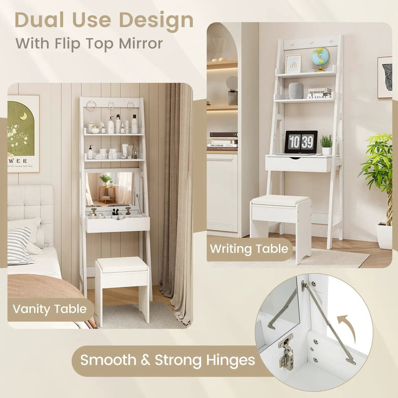 Vanity Desk Set with Flip Top Mirror Hidden Storage Compartments and Cushioned Stool-White by DirectDeals