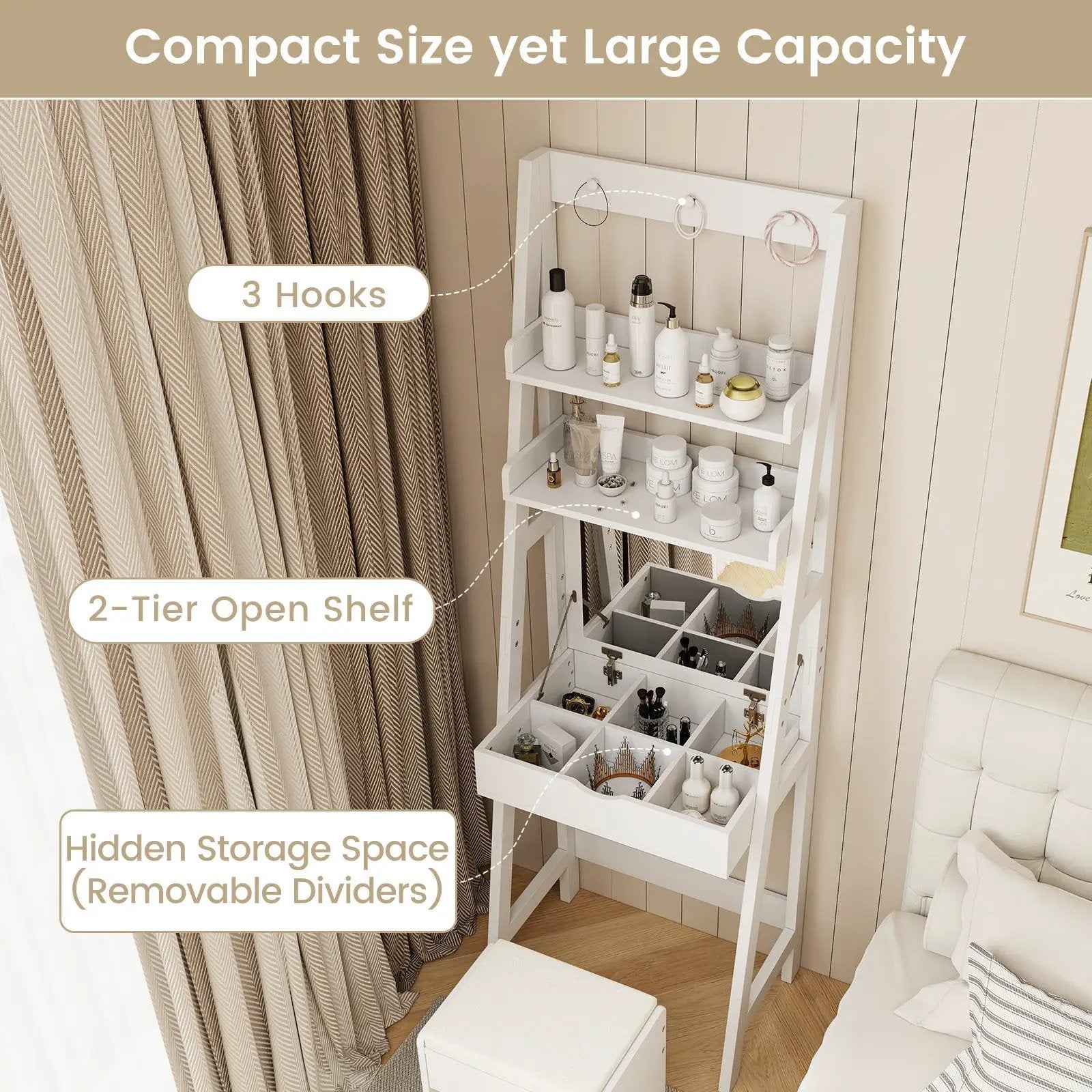 Vanity Desk Set with Flip Top Mirror Hidden Storage Compartments and Cushioned Stool-White by DirectDeals