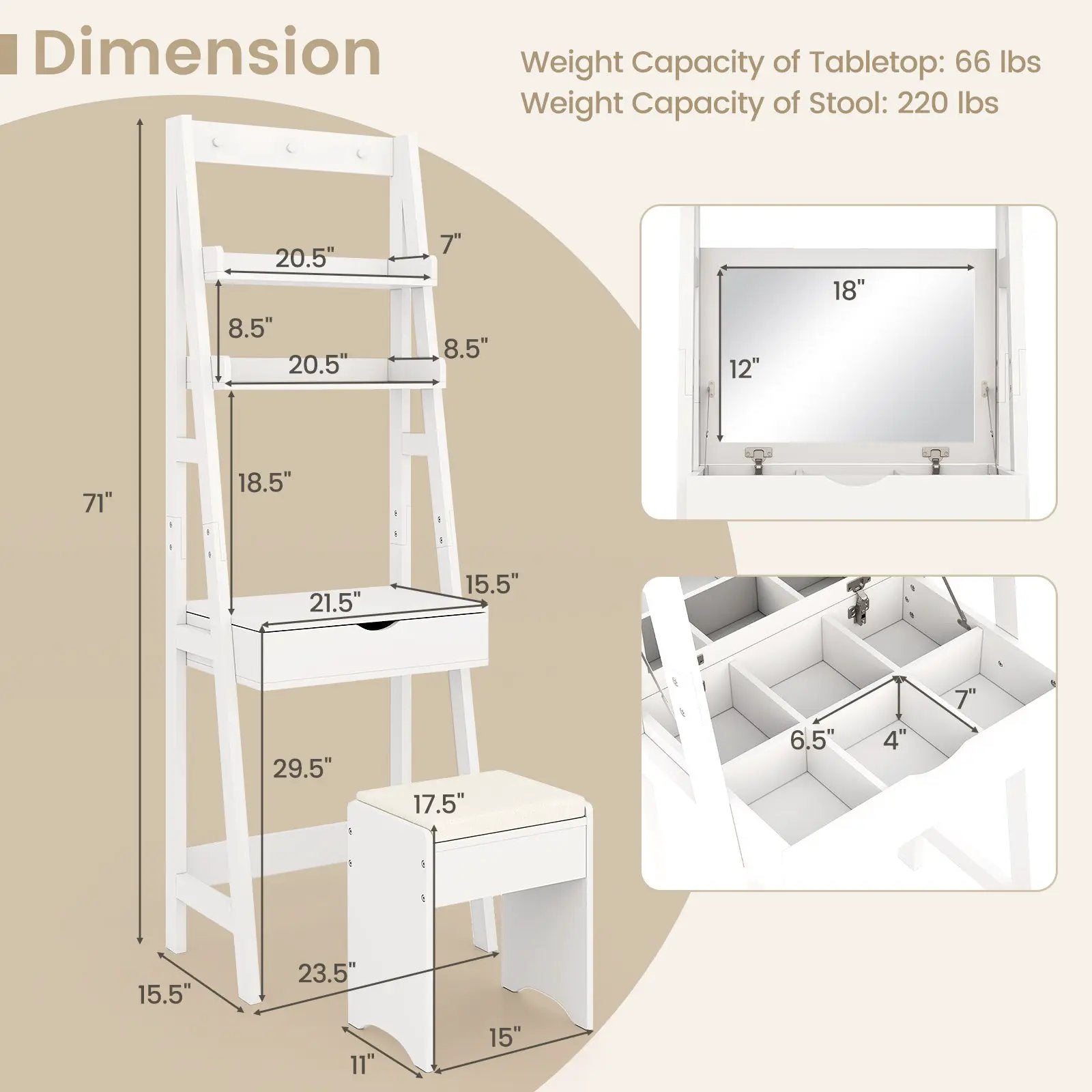 Vanity Desk Set with Flip Top Mirror Hidden Storage Compartments and Cushioned Stool-White by DirectDeals