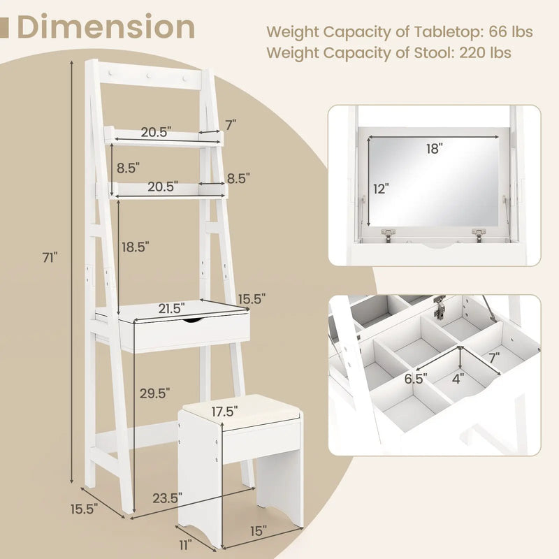 Vanity Desk Set with Flip Top Mirror Hidden Storage Compartments and Cushioned Stool-White by DirectDeals