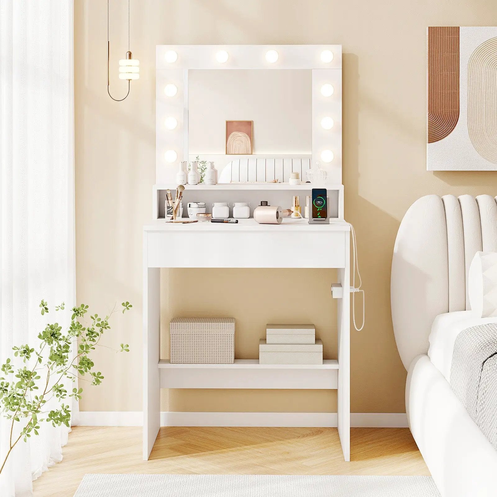 Vanity Desk with Adjustable Brightness and 3 Light Modes for Bedroom-White by DirectDeals