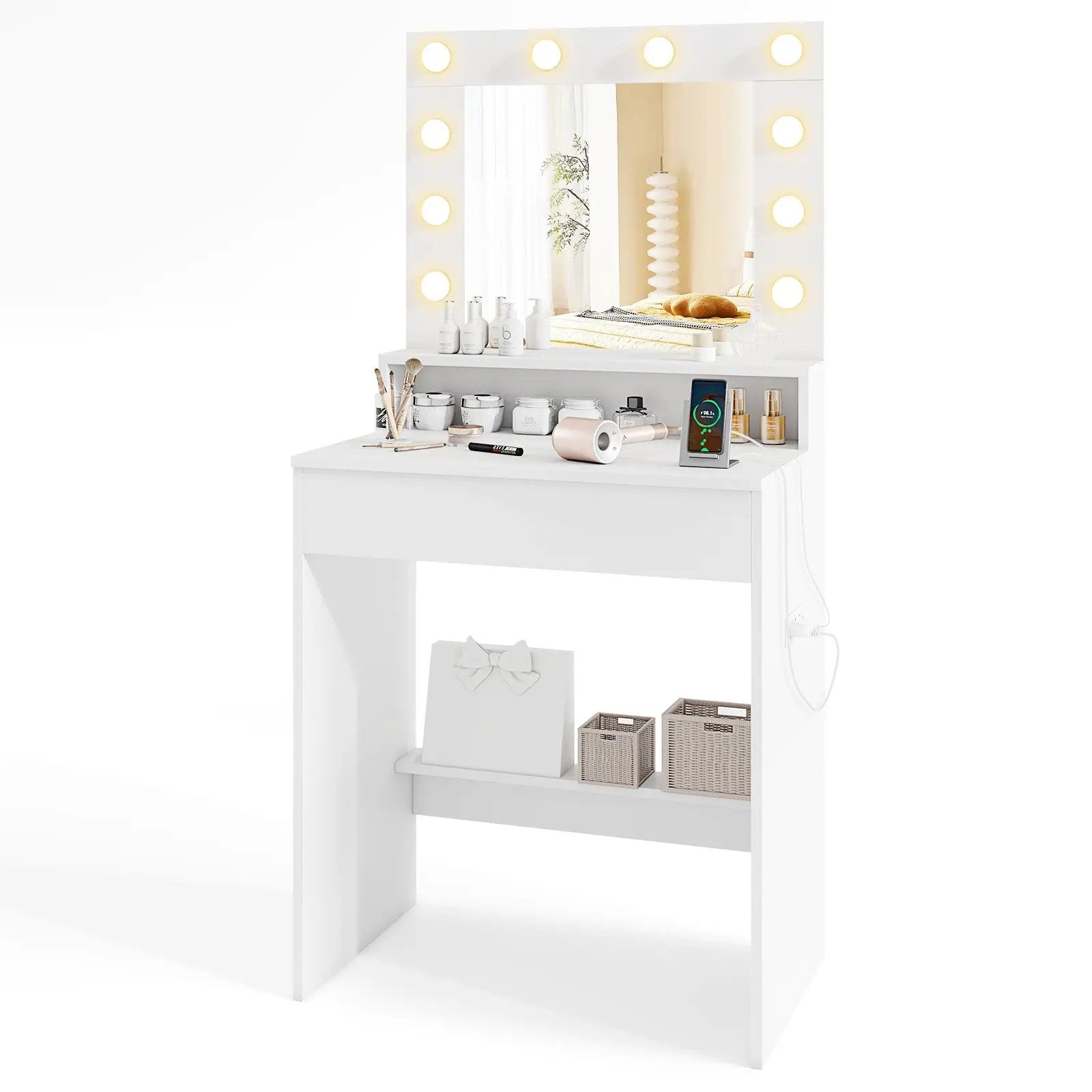 Vanity Desk with Adjustable Brightness and 3 Light Modes for Bedroom-White by DirectDeals