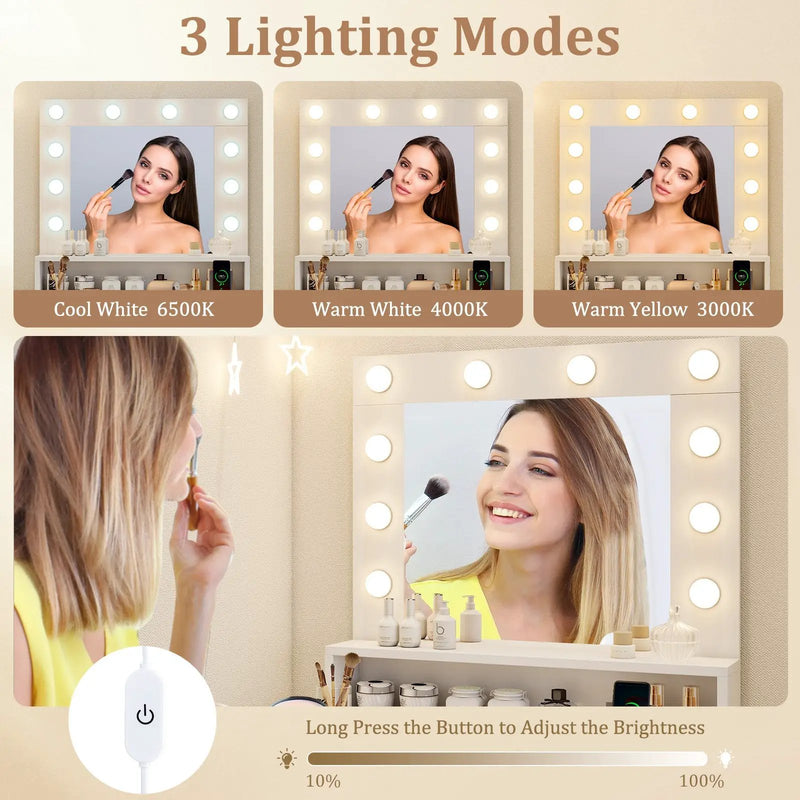 Vanity Desk with Adjustable Brightness and 3 Light Modes for Bedroom-White by DirectDeals