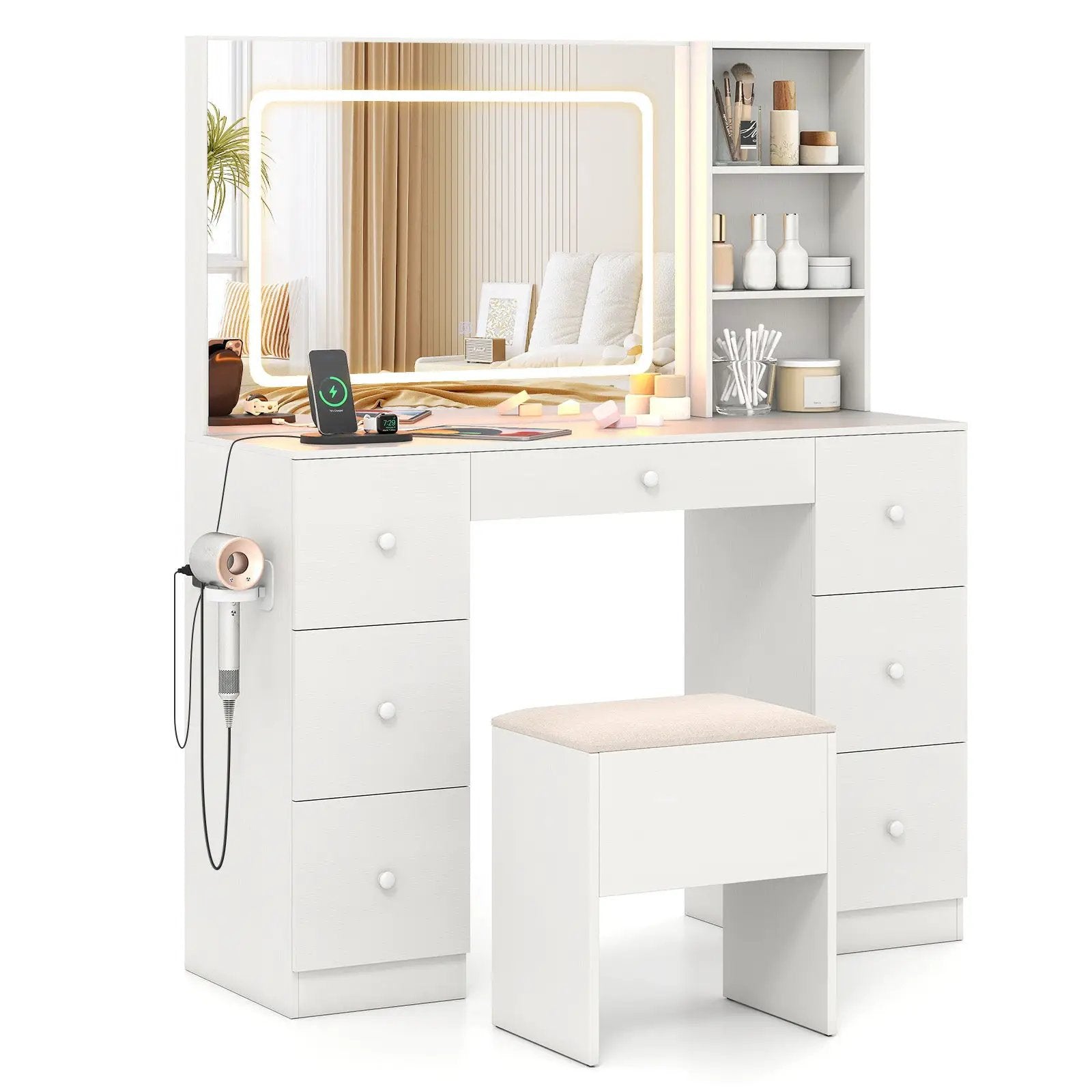 Vanity Desk with Mirror and Lights Makeup Dressing Table Vanity Table and Stool Set-White by DirectDeals