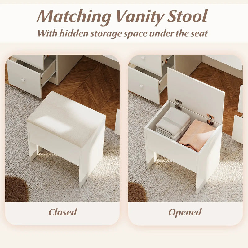Vanity Desk with Mirror and Lights Makeup Dressing Table Vanity Table and Stool Set-White by DirectDeals