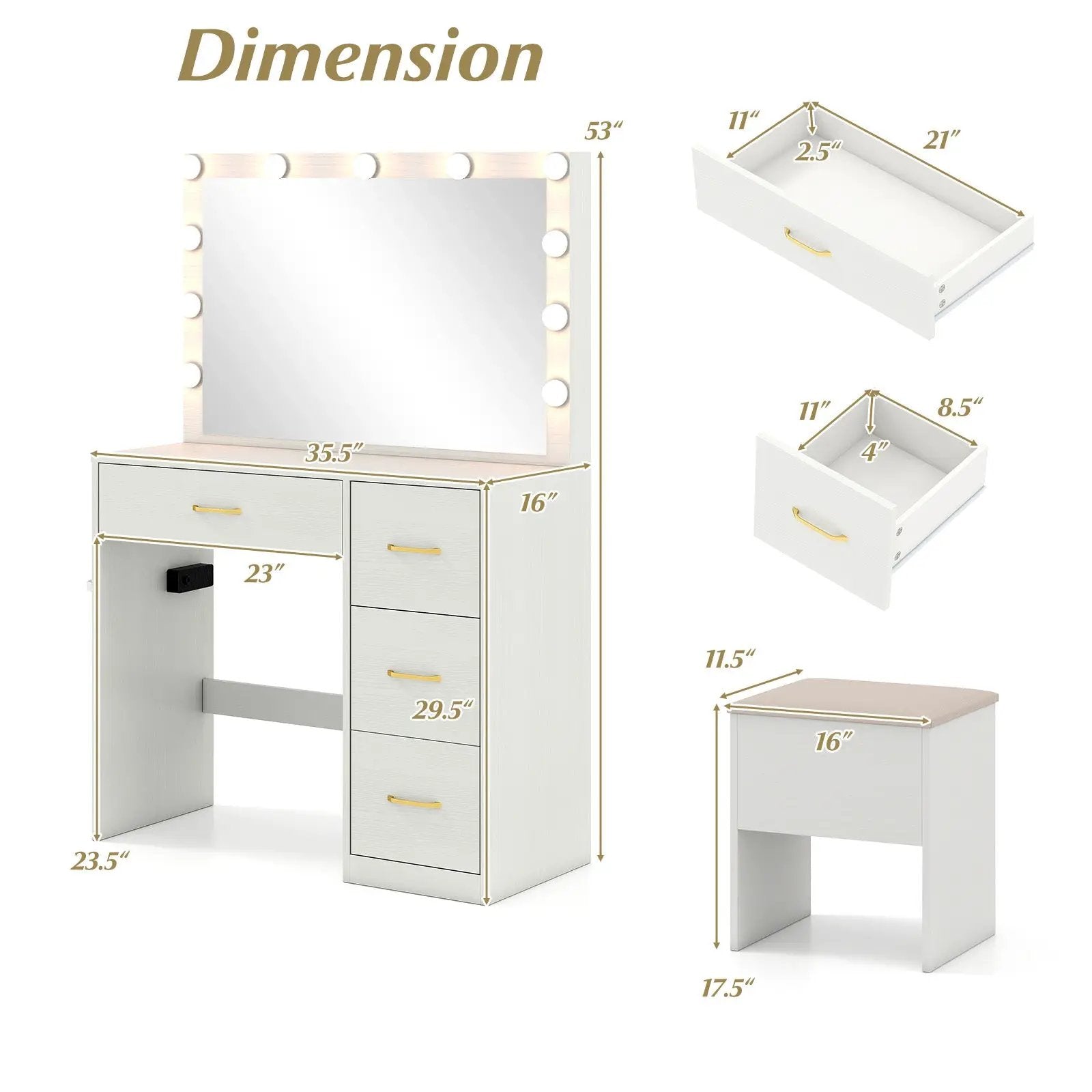 Vanity Desk with Mirror and Lights Makeup Dressing Table with Power Outlets-White by DirectDeals