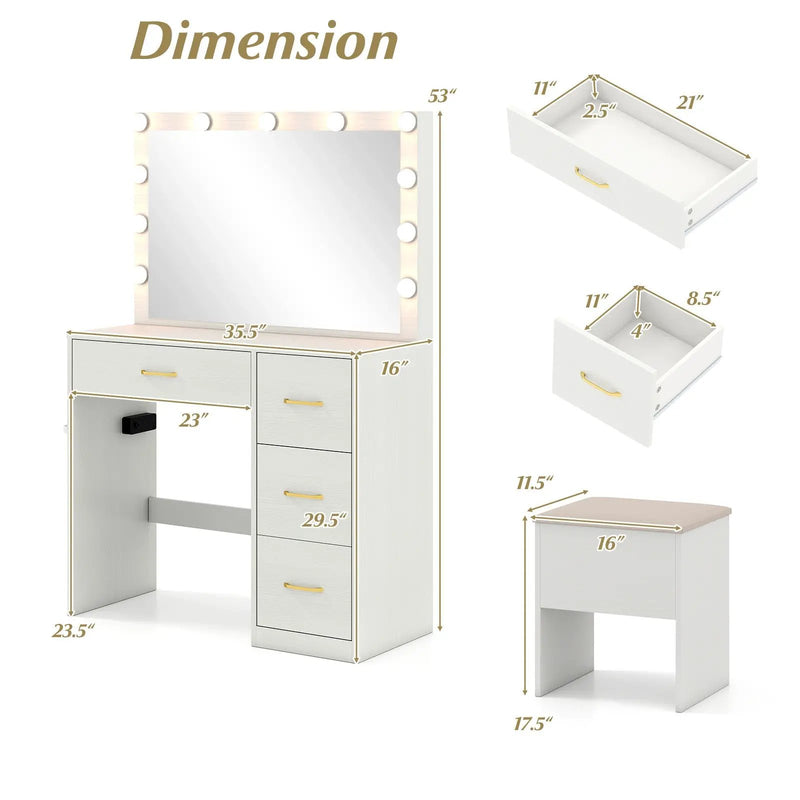 Vanity Desk with Mirror and Lights Makeup Dressing Table with Power Outlets-White by DirectDeals