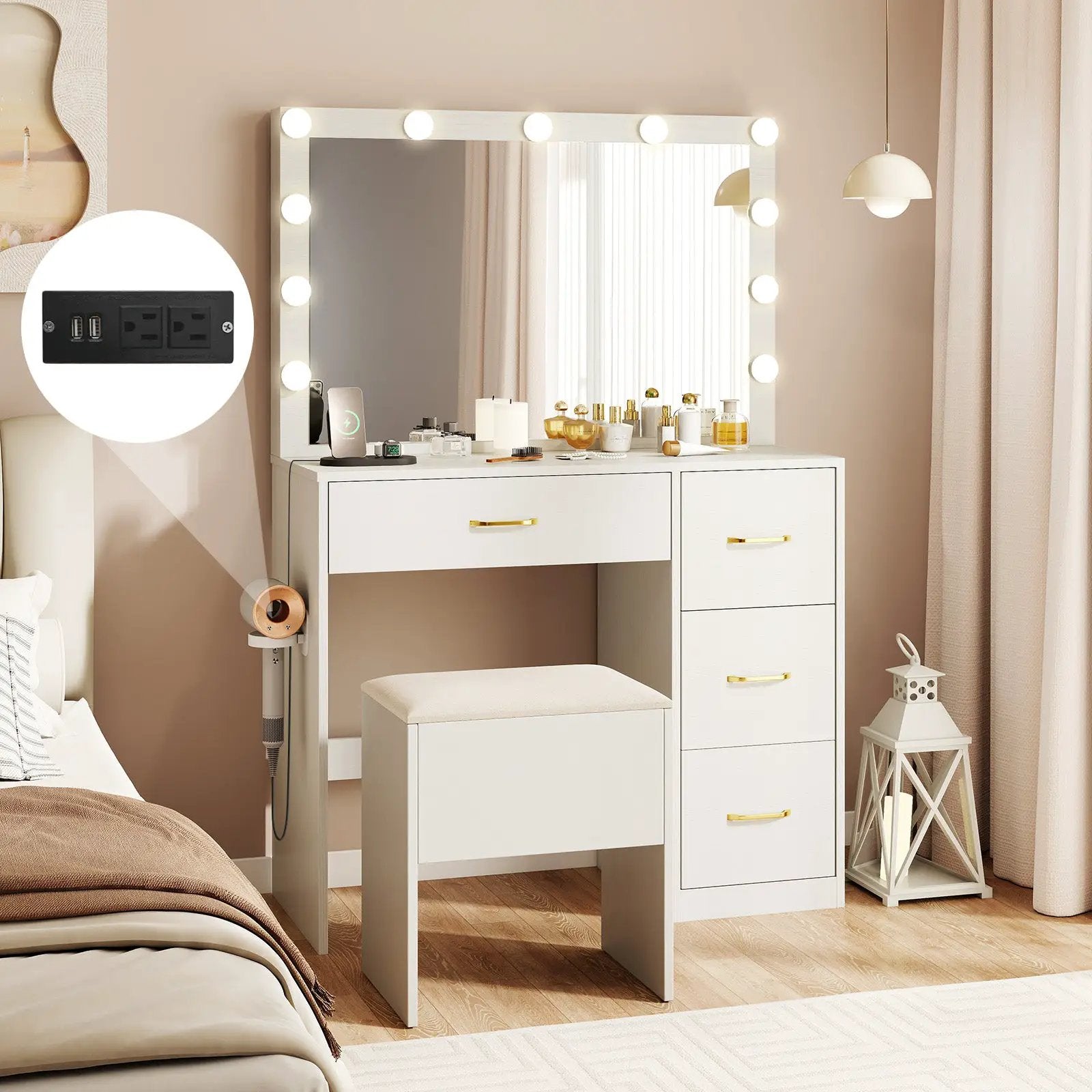 Vanity Desk with Mirror and Lights Makeup Dressing Table with Power Outlets-White by DirectDeals