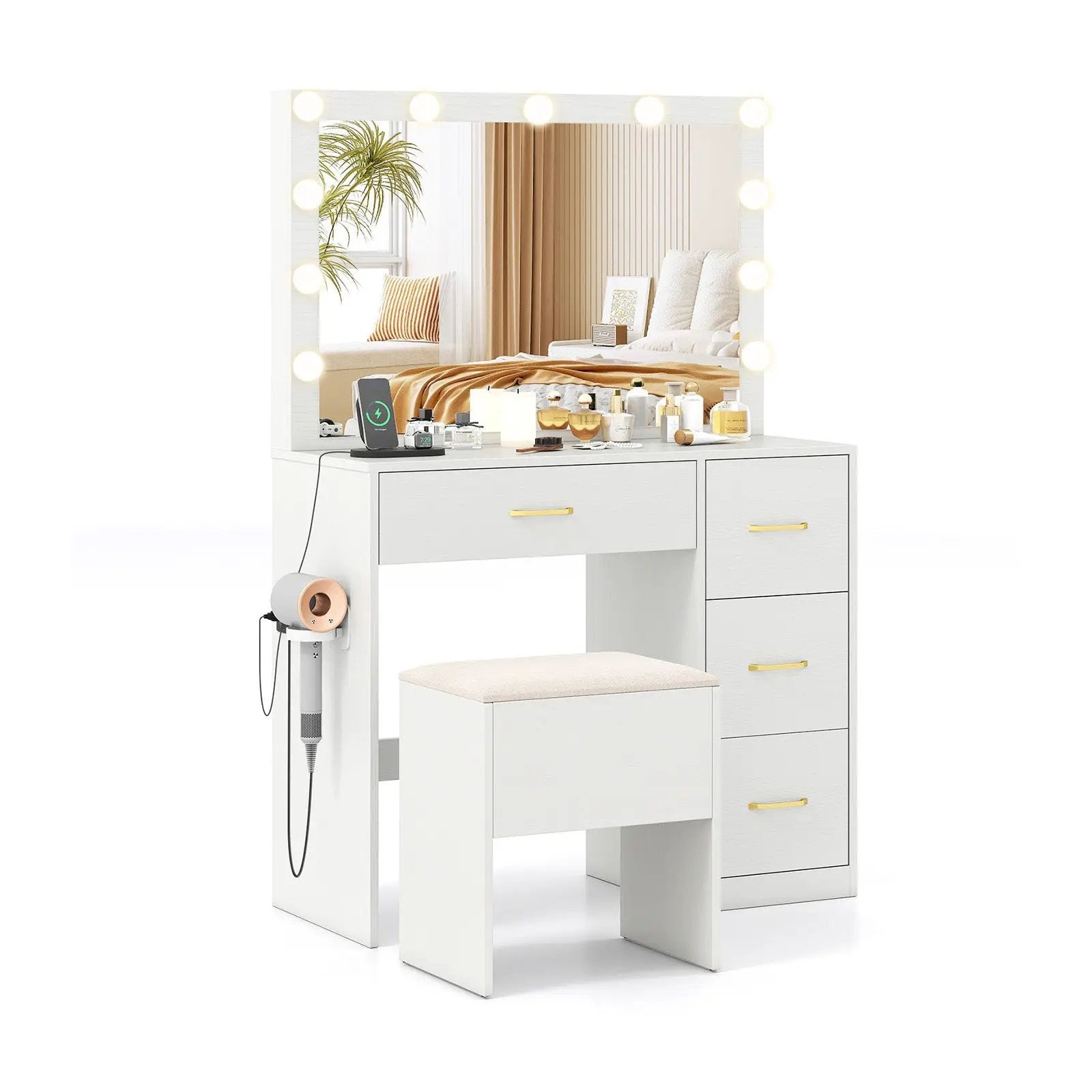 Vanity Desk with Mirror and Lights Makeup Dressing Table with Power Outlets-White by DirectDeals