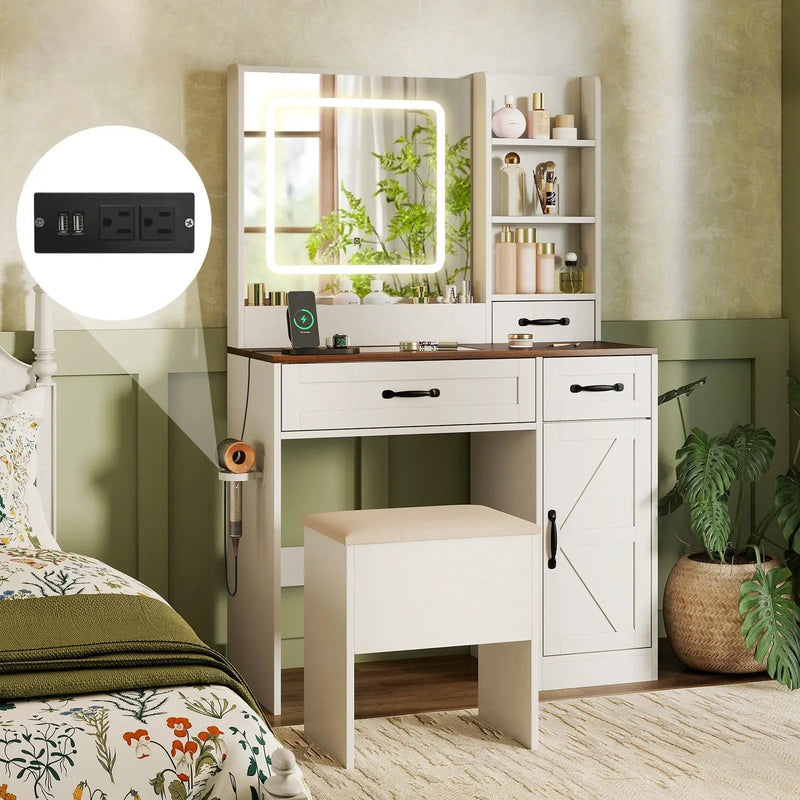Vanity Desk with Mirror and Lights Farmhouse Makeup Dressing Table-White by DirectDeals