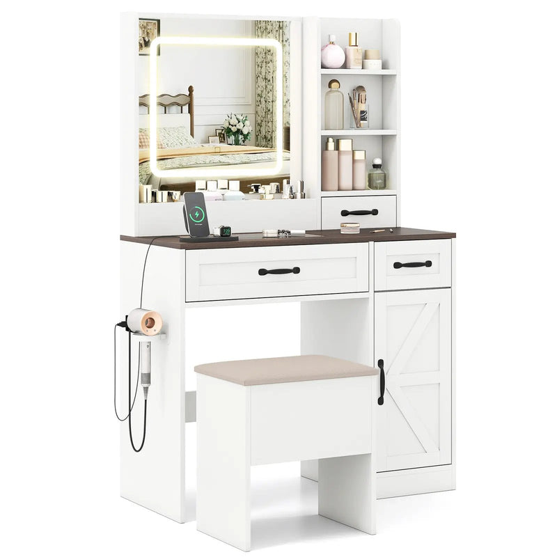 Vanity Desk with Mirror and Lights Farmhouse Makeup Dressing Table-White by DirectDeals