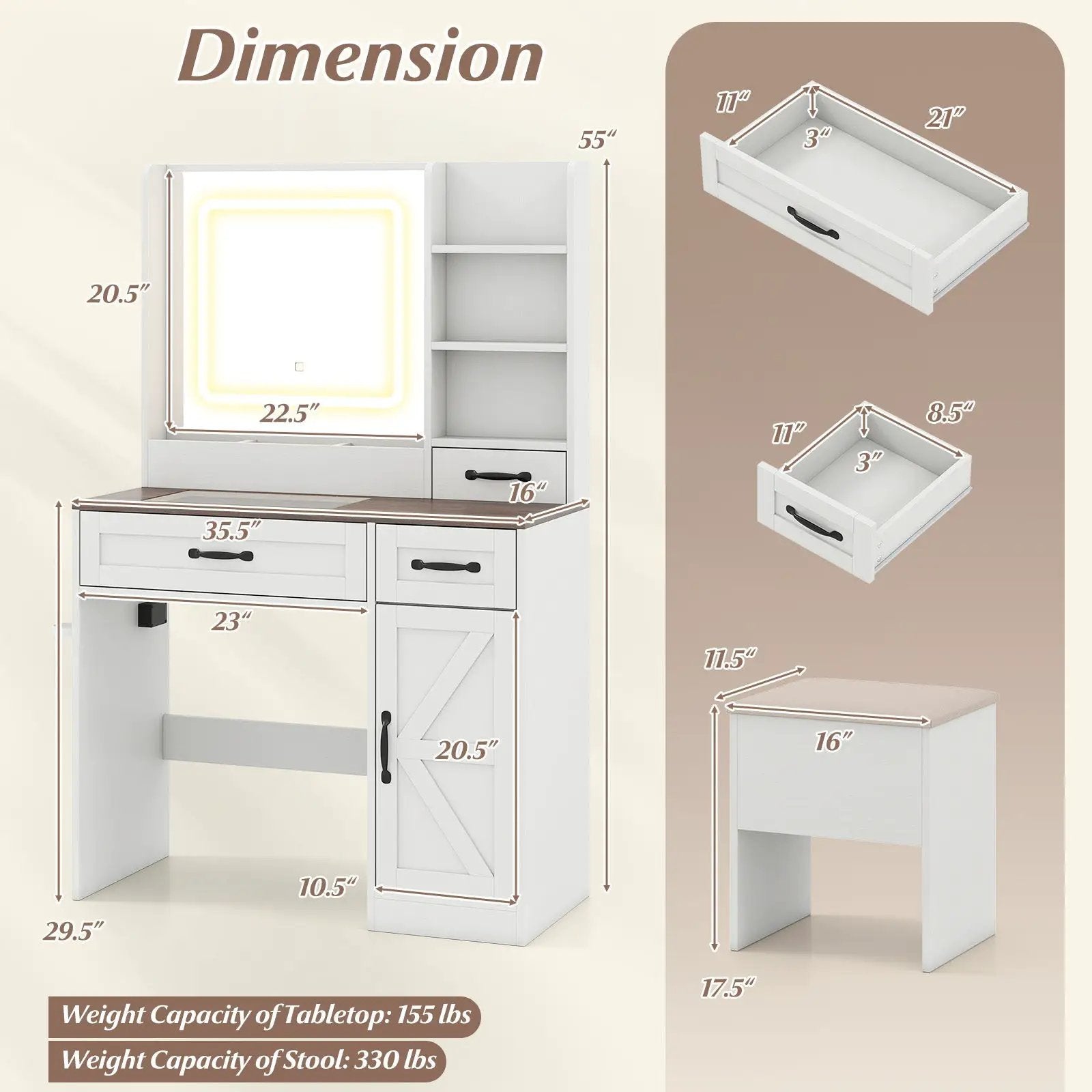 Vanity Desk with Mirror and Lights Farmhouse Makeup Dressing Table-White by DirectDeals
