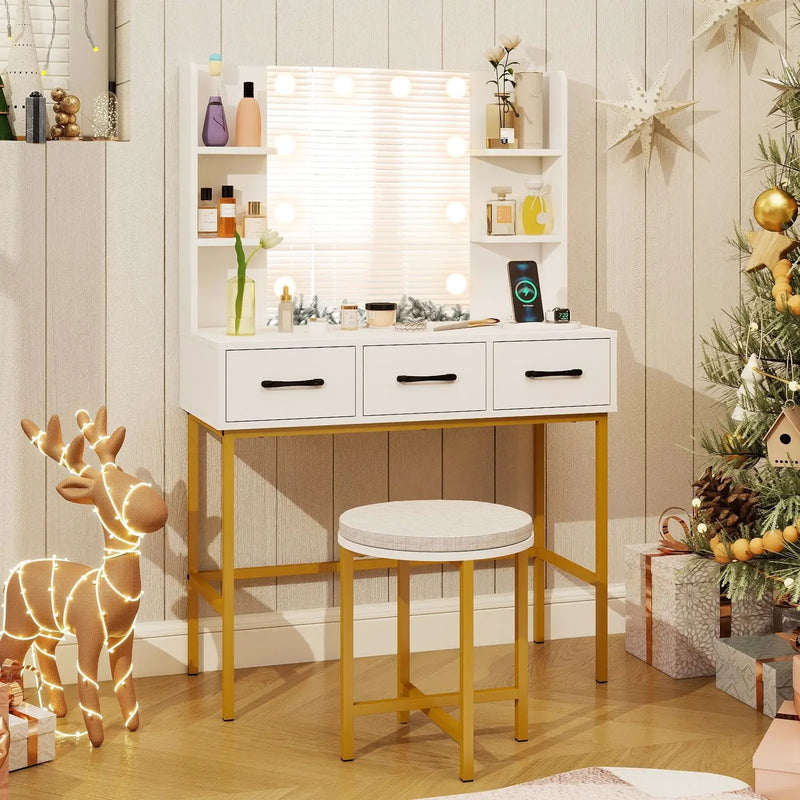 Vanity Desk with Mirror and Lights Makeup Dressing Table and Cushioned Stool Set-White by DirectDeals