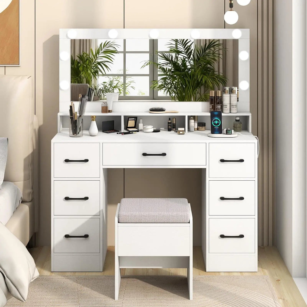 Vanity Desk with Mirror and Lights Makeup Table with Power Outlets, photo 4 of 16