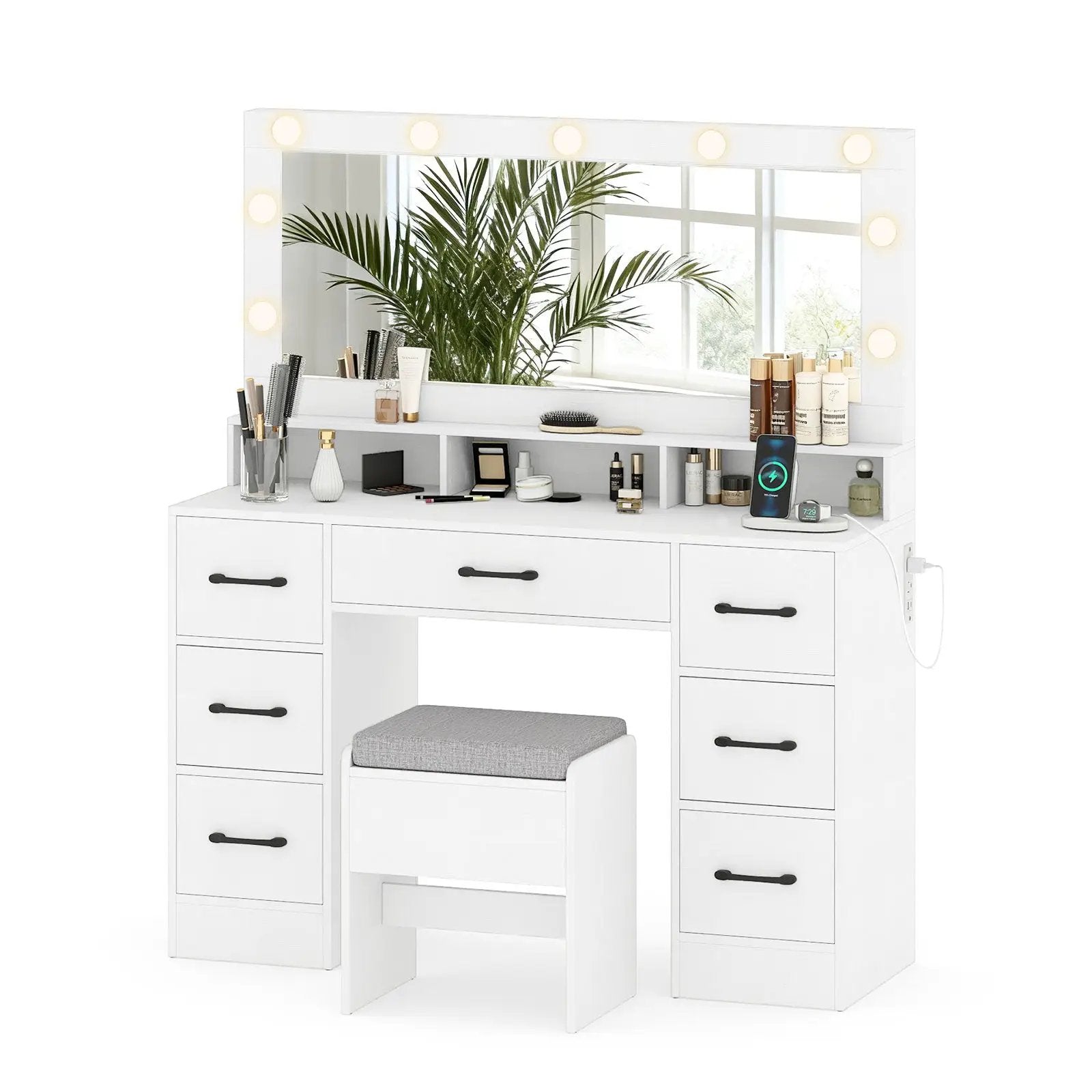 Vanity Desk with Mirror and Lights Makeup Table with Power Outlets by DirectDeals
