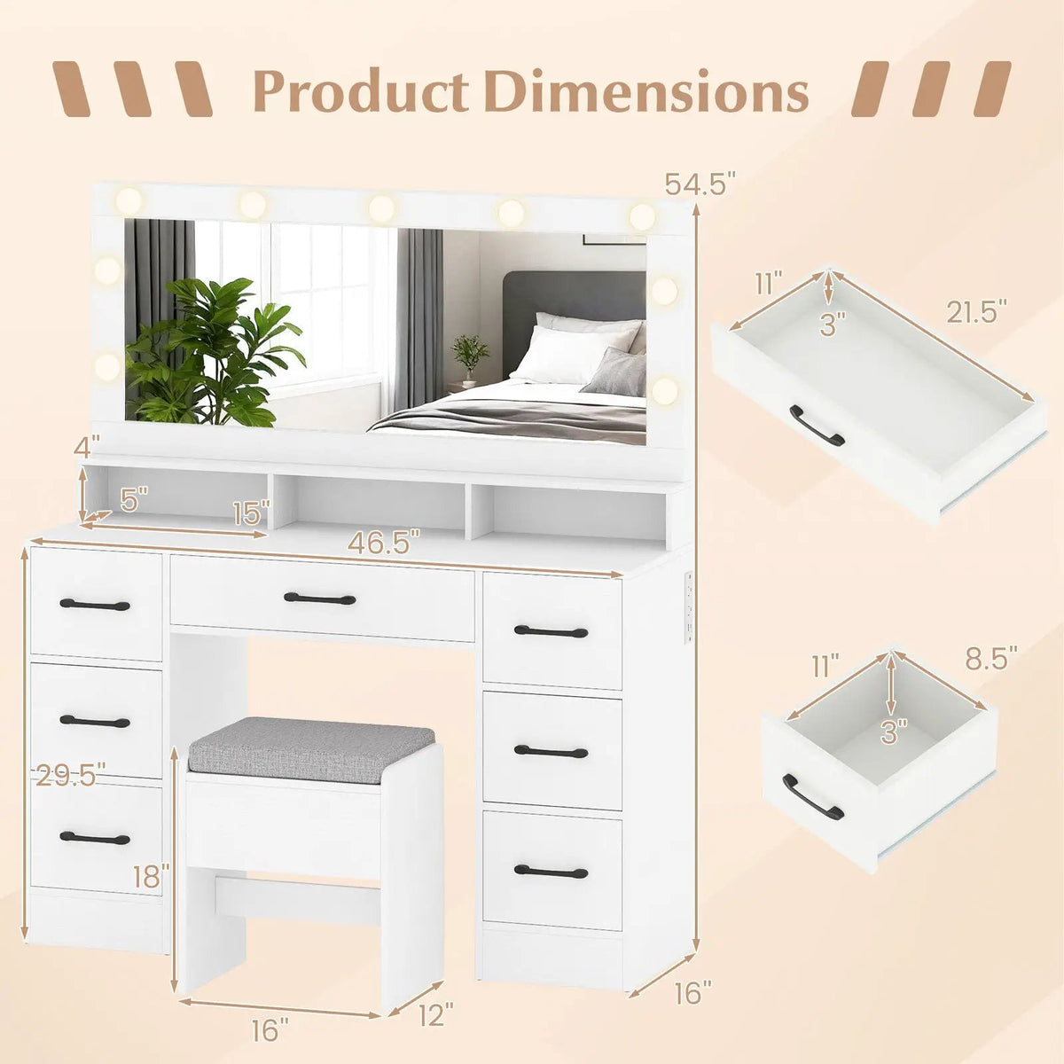 Vanity Desk with Mirror and Lights Makeup Table with Power Outlets, photo 10 of 16