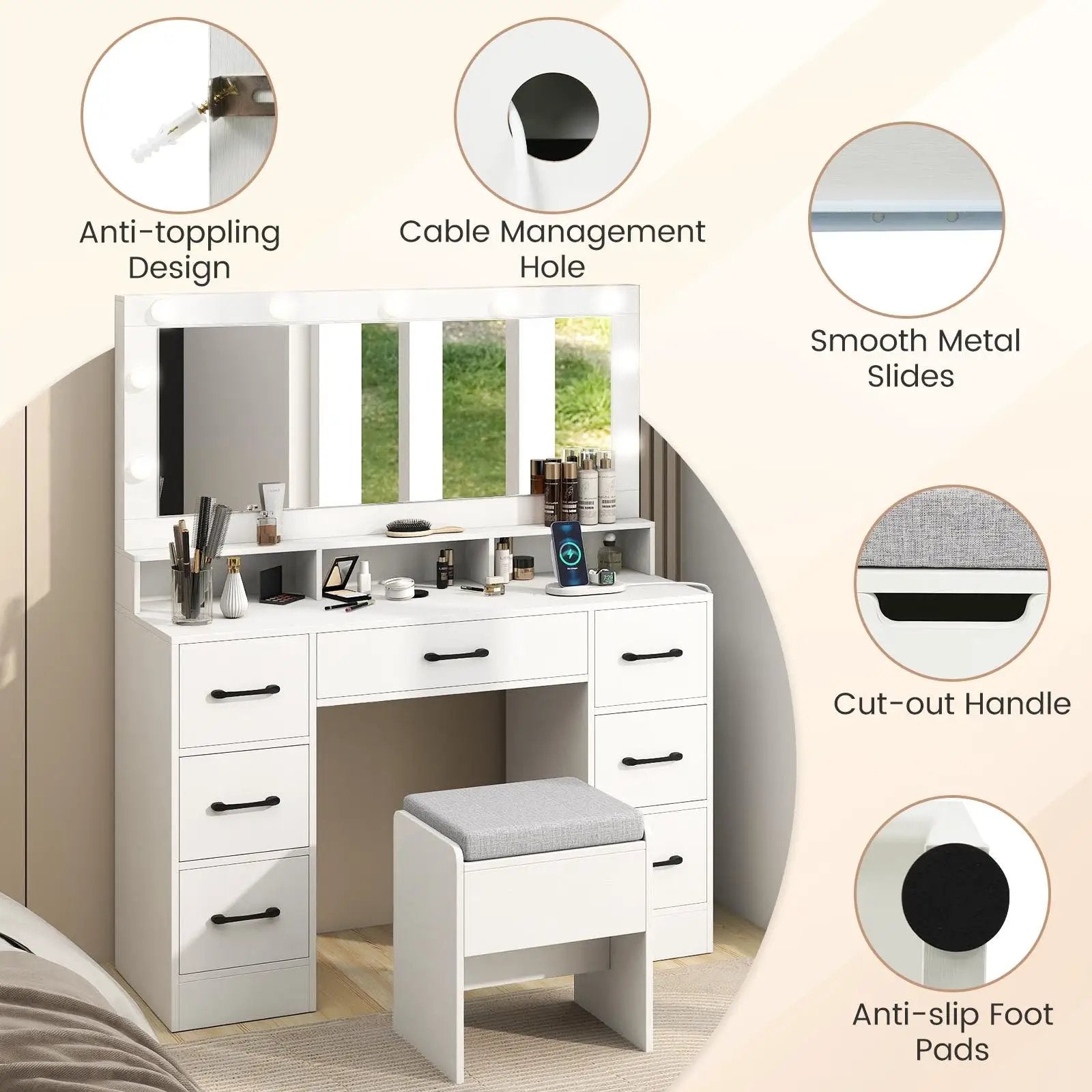Vanity Desk with Mirror and Lights Makeup Table with Power Outlets by DirectDeals