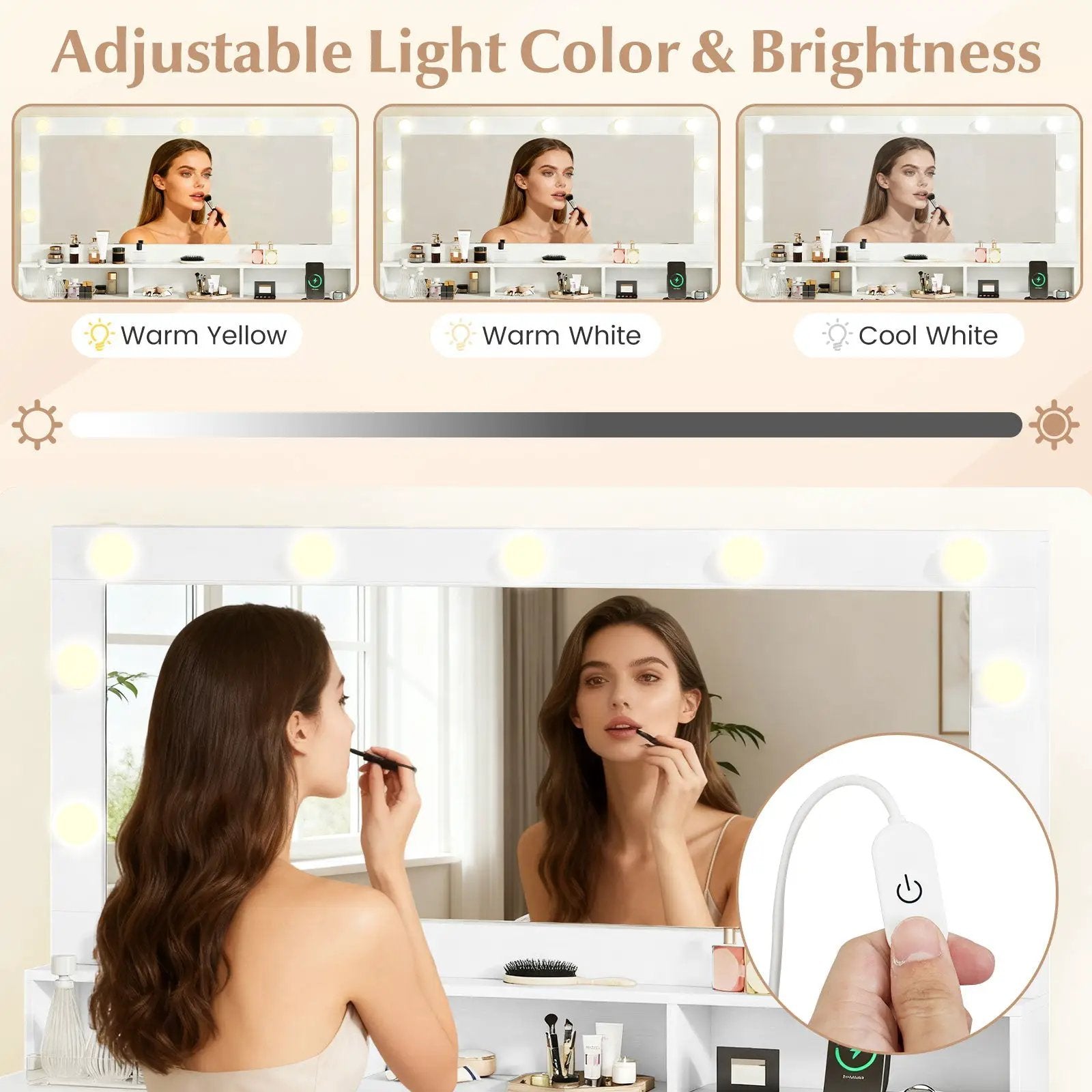 Vanity Desk with Mirror and Lights Makeup Table with Power Outlets by DirectDeals
