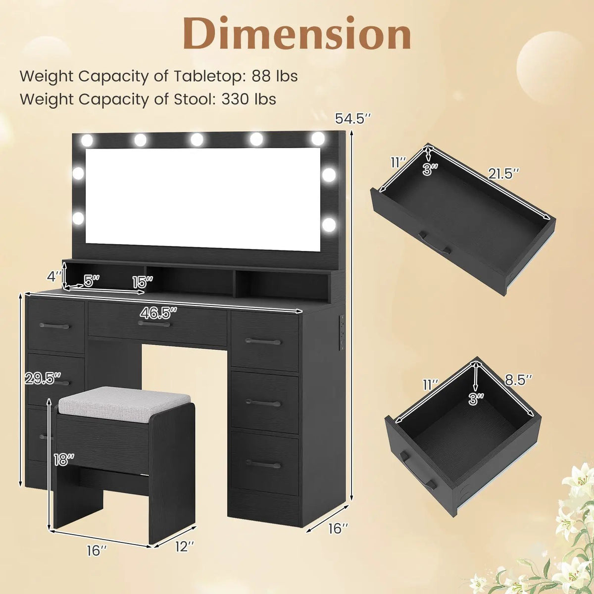 Vanity Desk with Mirror and Lights Makeup Table with Power Outlets, photo 7 of 16