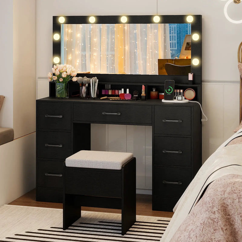 Vanity Desk with Mirror and Lights Makeup Table with Power Outlets by DirectDeals
