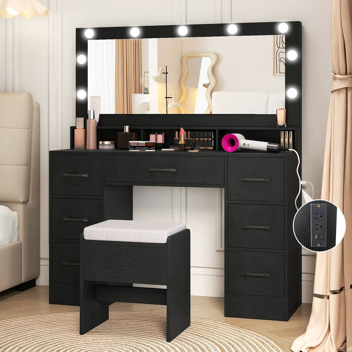 Vanity Desk with Mirror and Lights Makeup Table with Power Outlets, photo 11 of 16