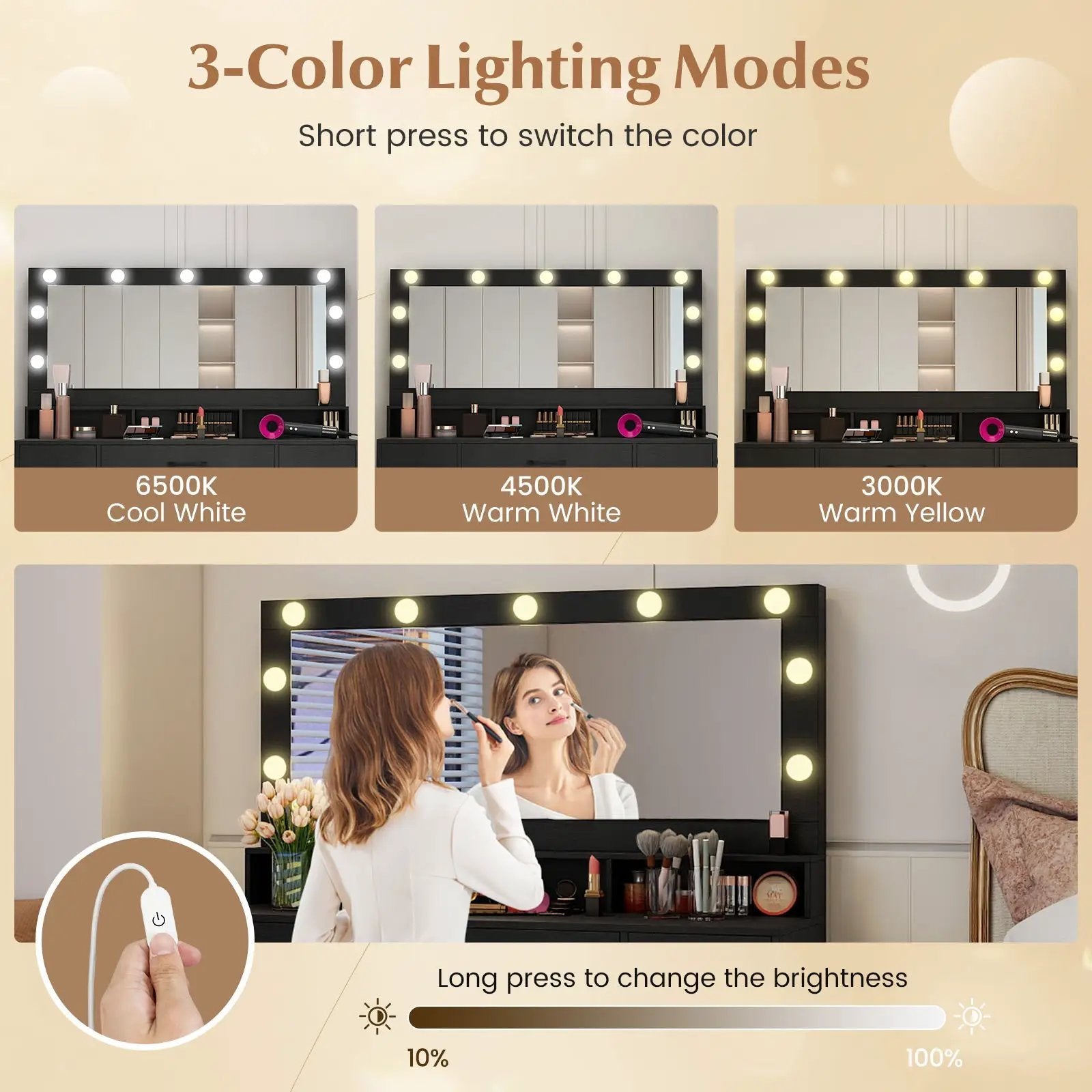 Vanity Desk with Mirror and Lights Makeup Table with Power Outlets by DirectDeals