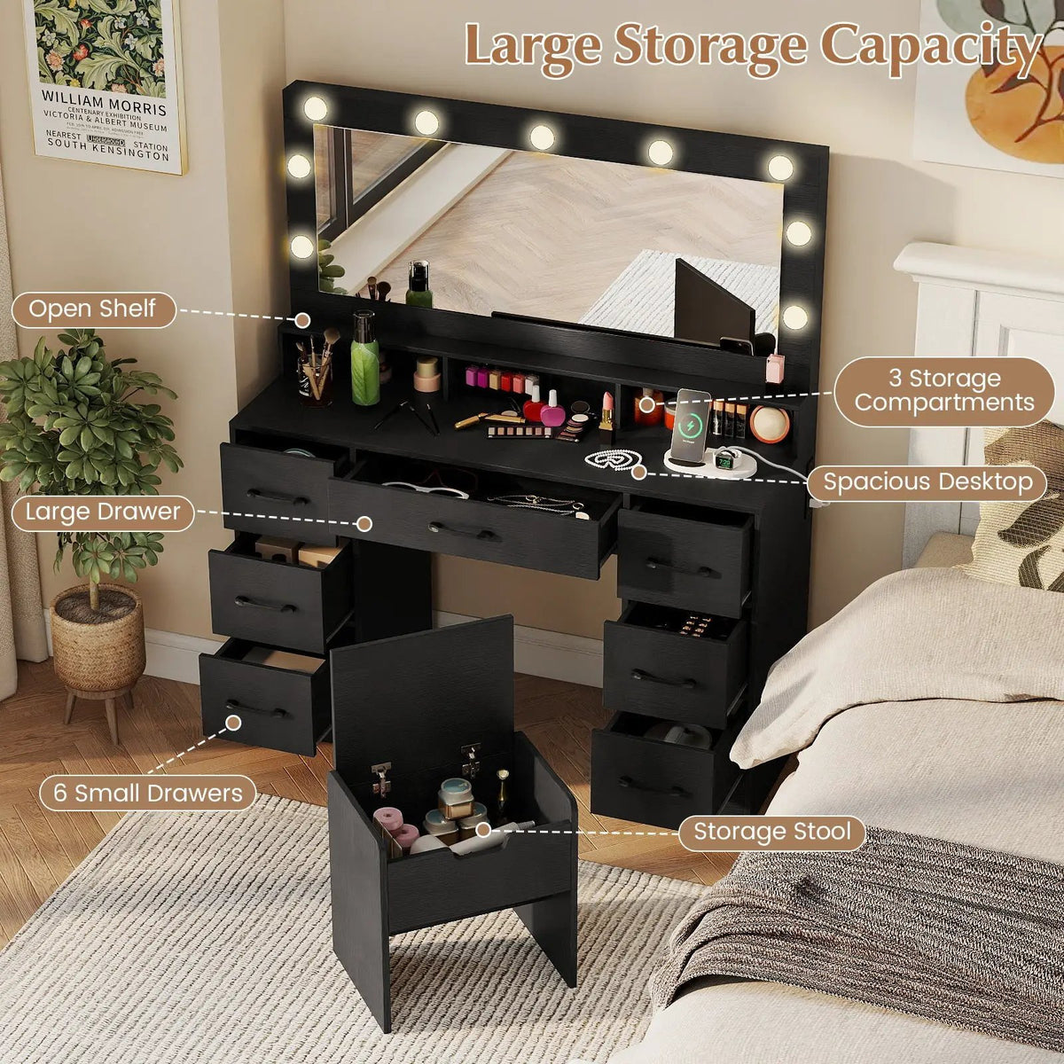 Vanity Desk with Mirror and Lights Makeup Table with Power Outlets, photo 15 of 16