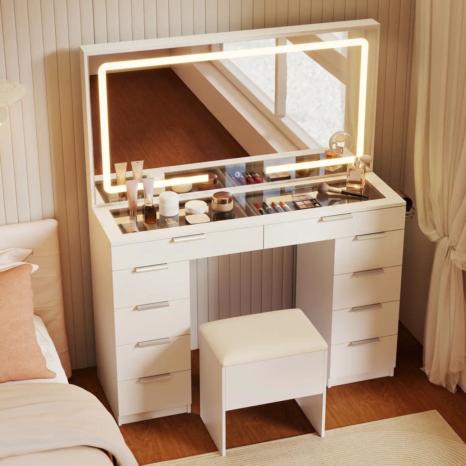 Vanity Desk with Lighted Mirror and Charging Station by DirectDeals