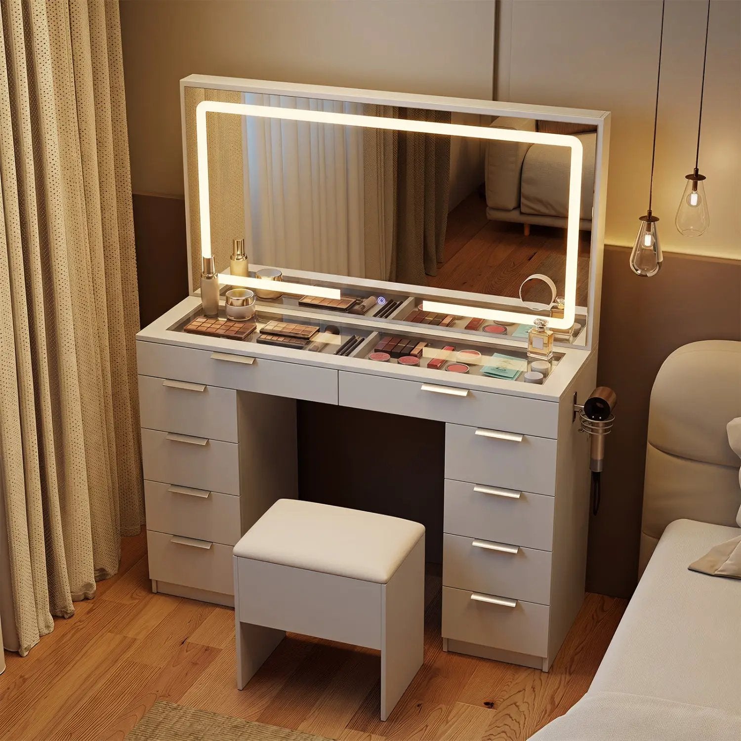 Vanity Desk with Lighted Mirror and Charging Station by DirectDeals