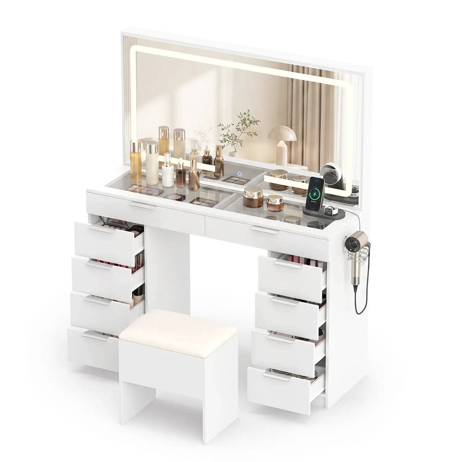 Vanity Desk with Lighted Mirror and Charging Station by DirectDeals