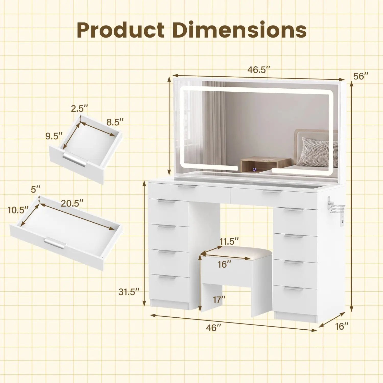 Vanity Desk with Lighted Mirror and Charging Station by DirectDeals
