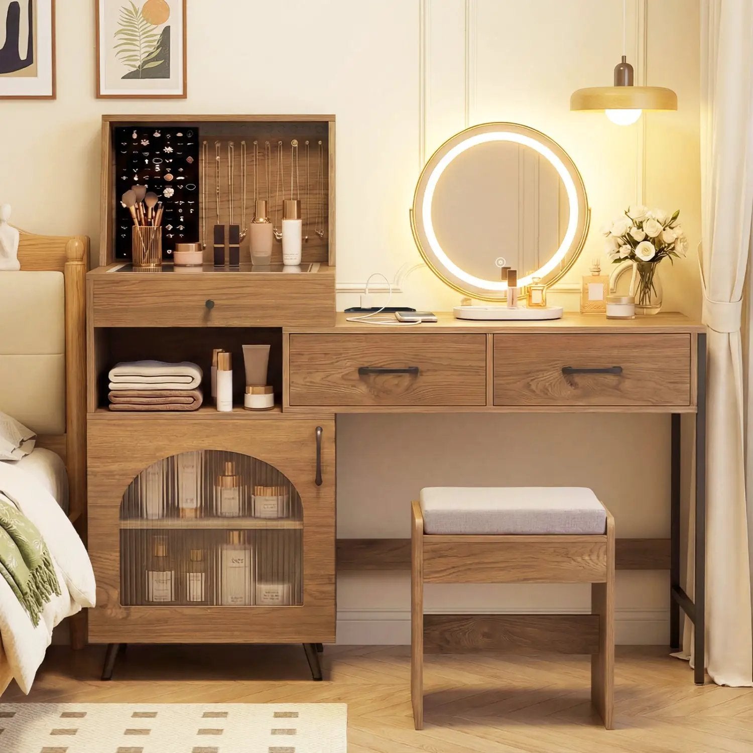 Vanity Desk with Lighted Mirror & Jewelry Storage by DirectDeals
