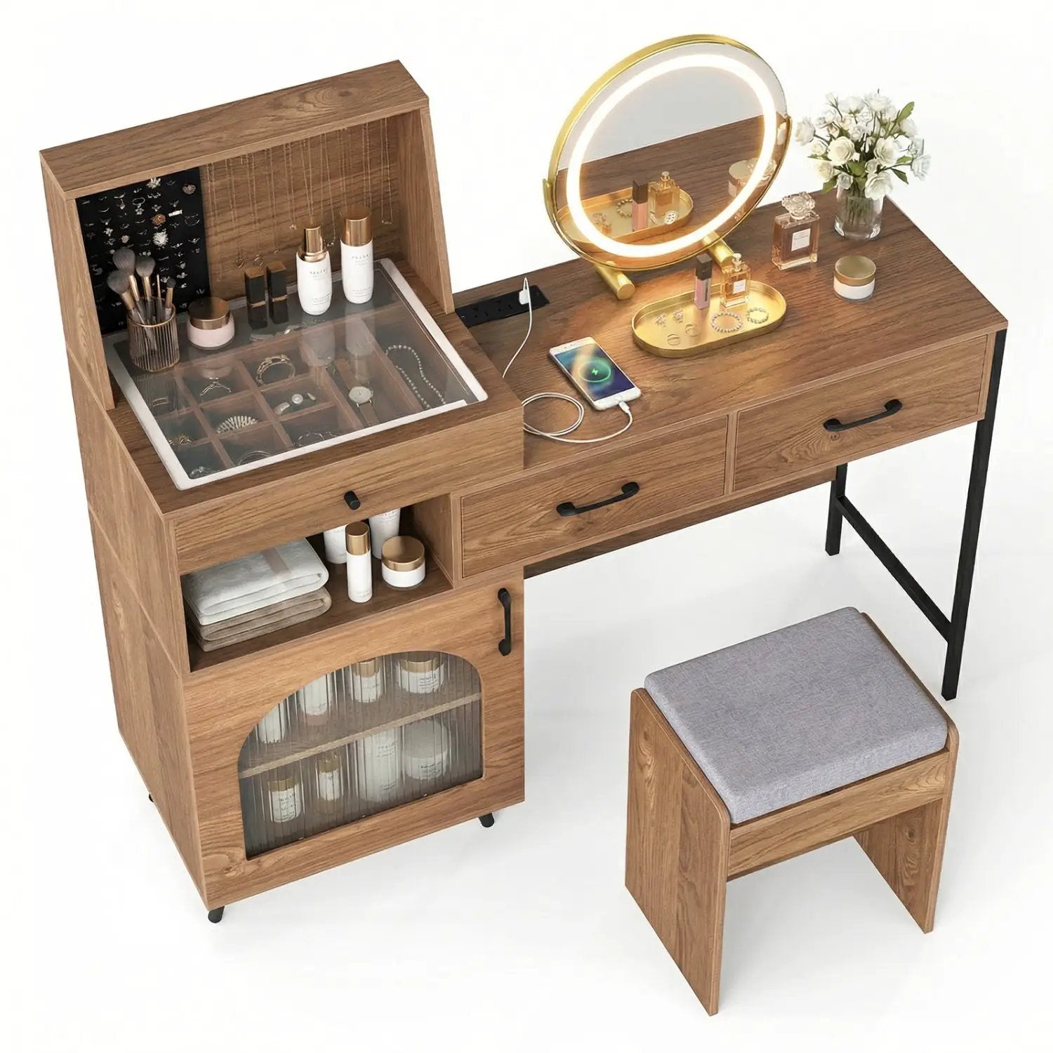 Vanity Desk with Lighted Mirror & Jewelry Storage by DirectDeals