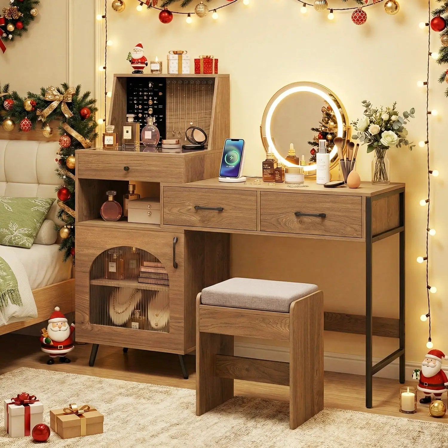 Vanity Desk with Lighted Mirror & Jewelry Storage by DirectDeals