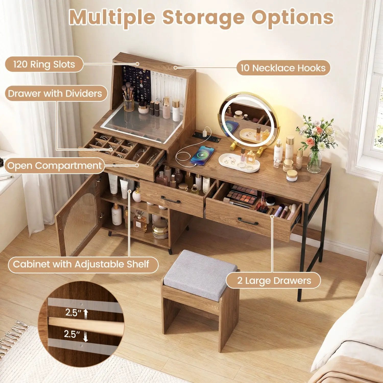Vanity Desk with Lighted Mirror & Jewelry Storage by DirectDeals