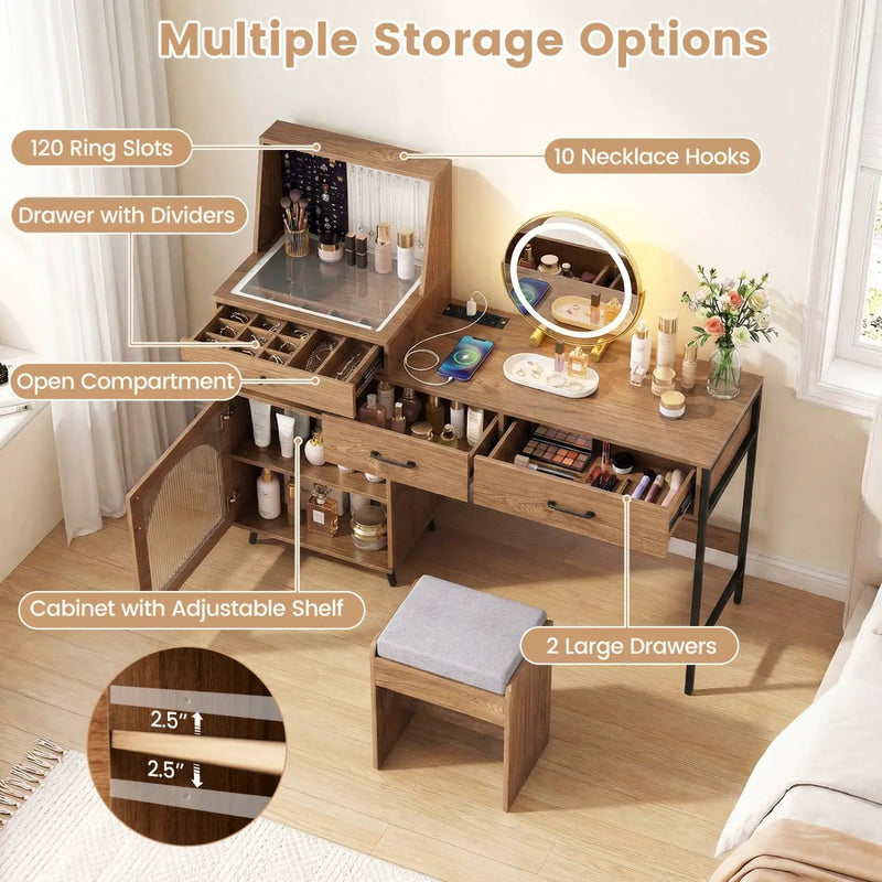 Vanity Desk with Lighted Mirror & Jewelry Storage by DirectDeals